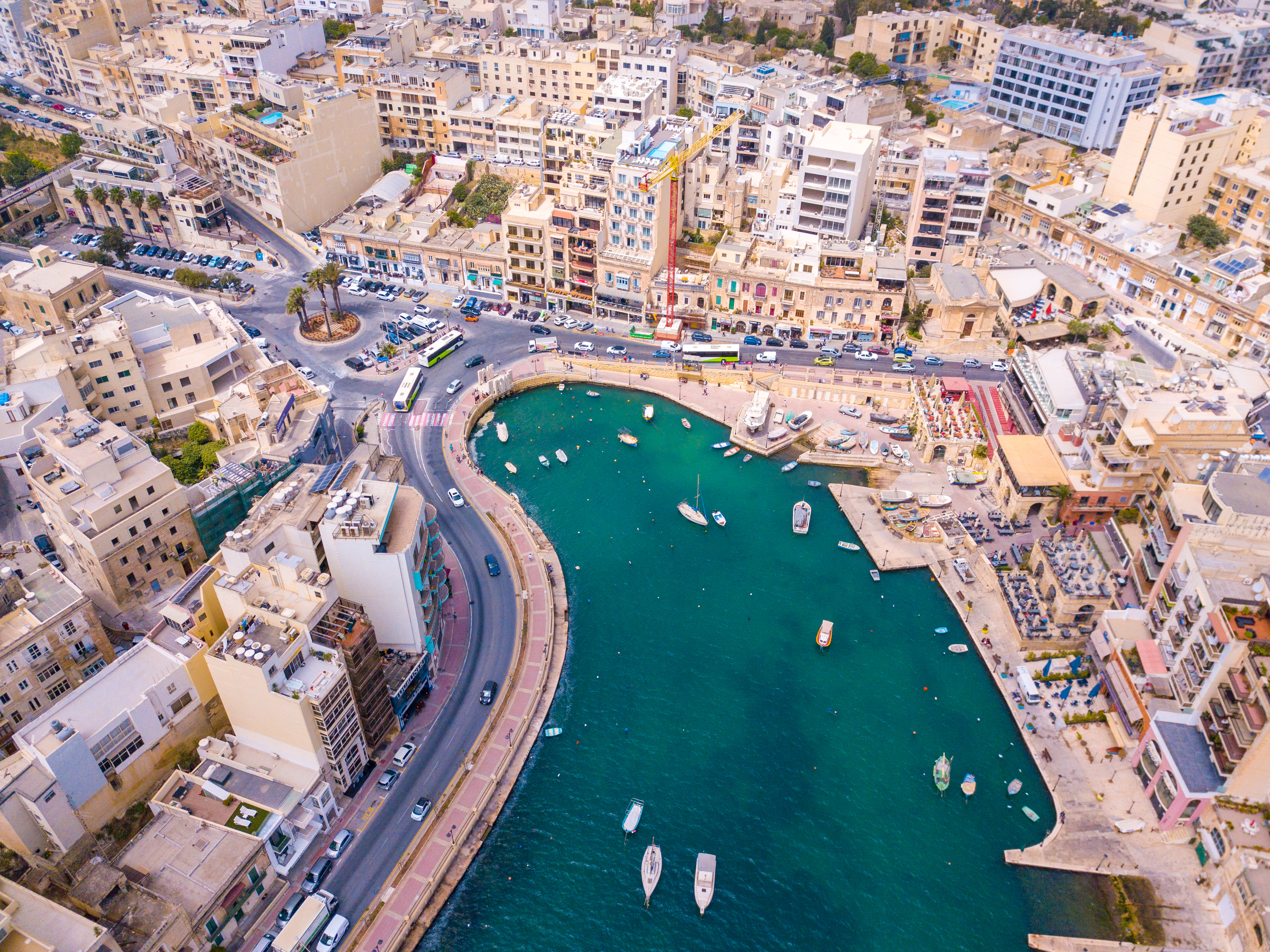 Aerial view of the Spinola Bay, St. Julians and Sliema town on Malta